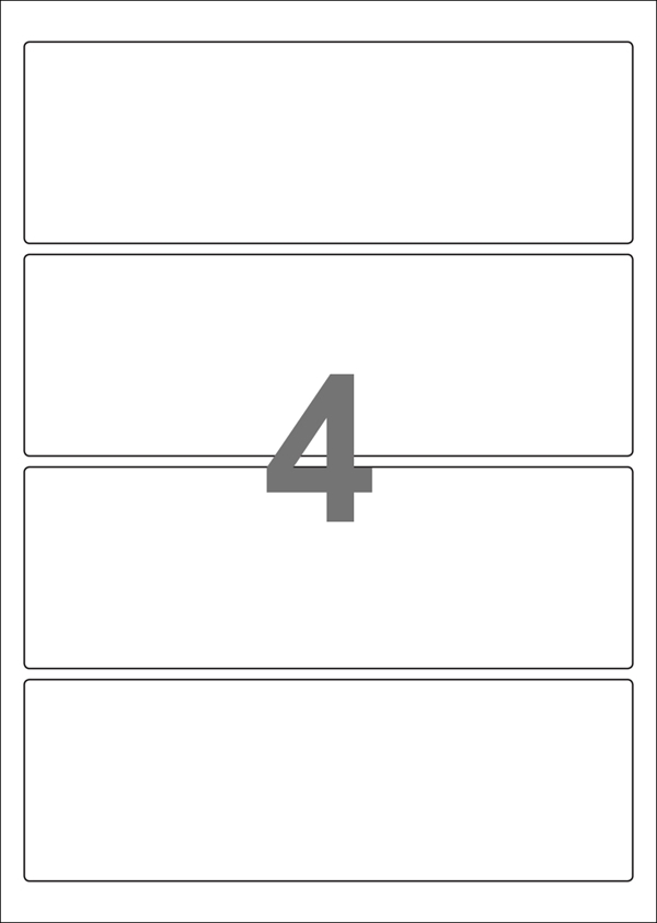 A4-etiketter, 4 stansade etiketter/ark, 195,0 x 65,0 mm, vit blank/glossy, 100 ark